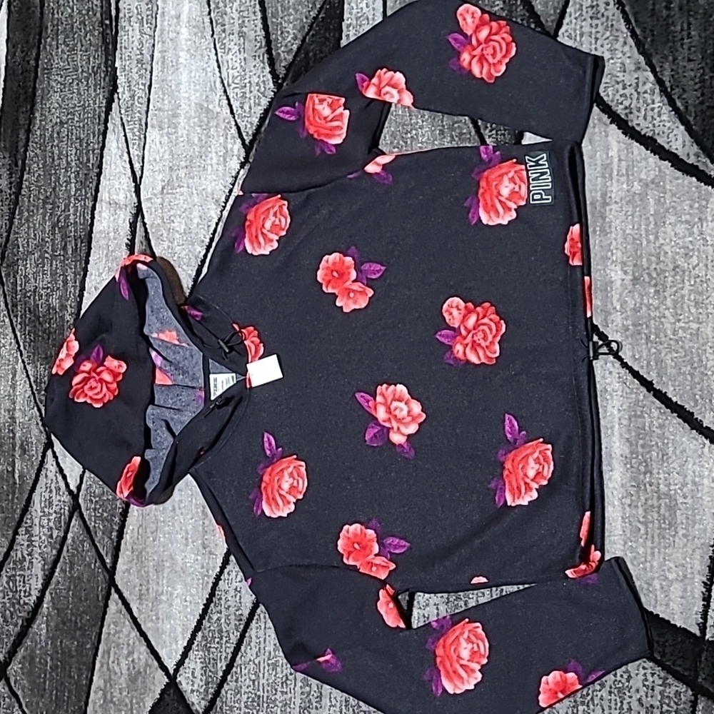 VS PINK Floral Design Crop Knit Sweater Hoodie Drawstring Shirt